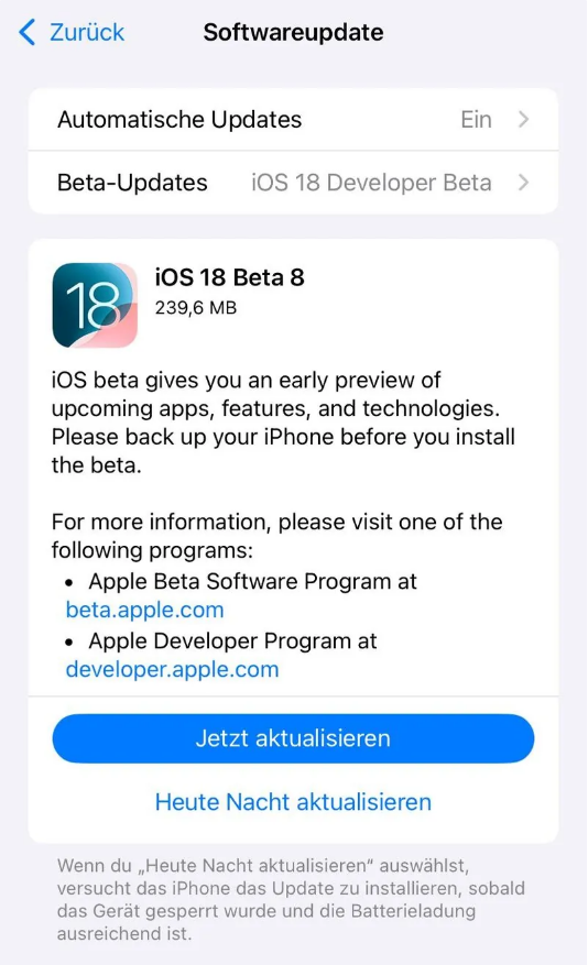 临渭苹果手机维修分享苹果 iOS / iPadOS 18 开发者预览版 Beta 8 发布 